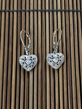 14k Heart Yellow, White Gold Dangle Earrings